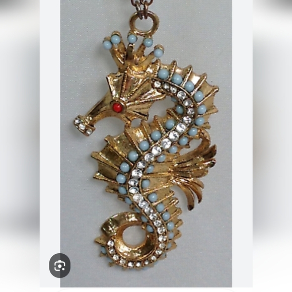 Hattie Carnegie Jewelry - Vintage Hattie Carnegie Figural Seahorse Goldtone Statement Pendant Rare
